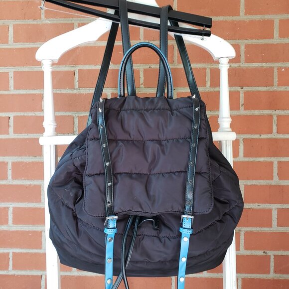 EUC Sam Edelman Backpack Puffer Branwen Flap School Black/Blue SPIKES (OS) - Picture 2 of 15